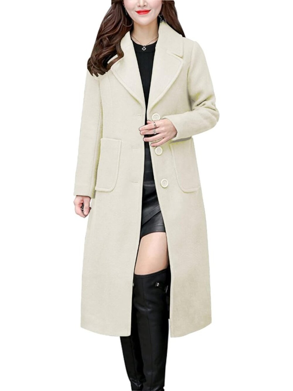 Women's White Long Sleeve Big Notch Lapel Single Breasted Mid-Long Wool Coat - Picture 1 of 3